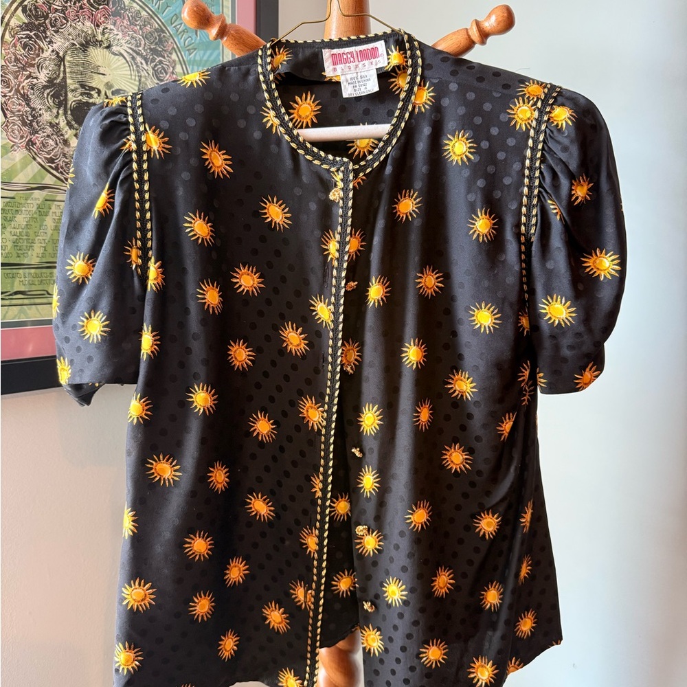 Moods of Norway Black Blouse with Orange Sun Print | 100% silk
